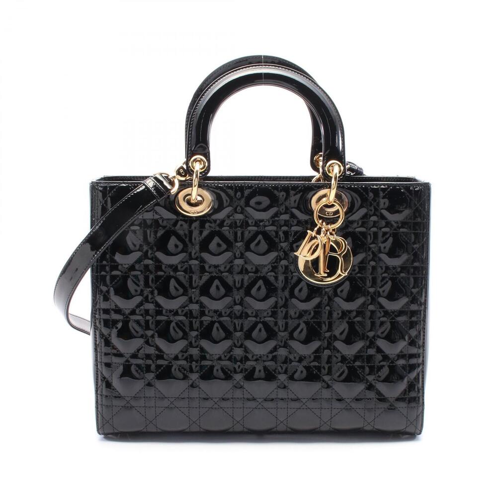 Dior Lady Cannage Handbag Patent Vernis Leather Black
